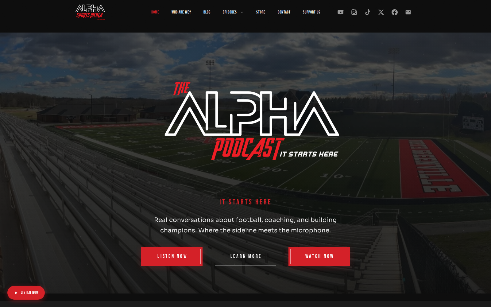 Screenshot of thealphasports.com home page: The ALPHA Podcast hero over stadium imagery.